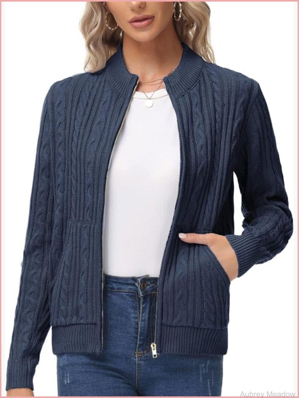 Cable Knit Zip Up Sweater Jacket Cardigan with Pockets Chunky Warm